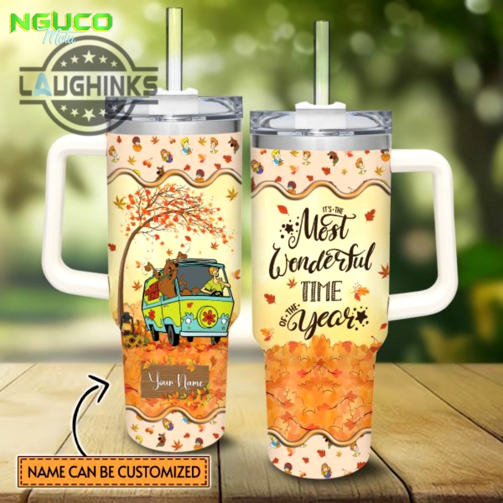 Custom name scooby doo most wonderful time fall leaf pattern 40oz stainless steel tumbler with handle and straw lid personalized stanley tumbler dupe 40 oz stainless steel travel cups
