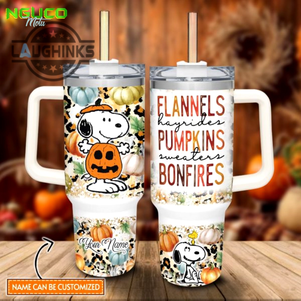 Custom name snoopy flannels pumpkins bonfires pattern 40oz stainless steel tumbler with handle and straw lid personalized stanley tumbler dupe 40 oz stainless steel travel cups gift