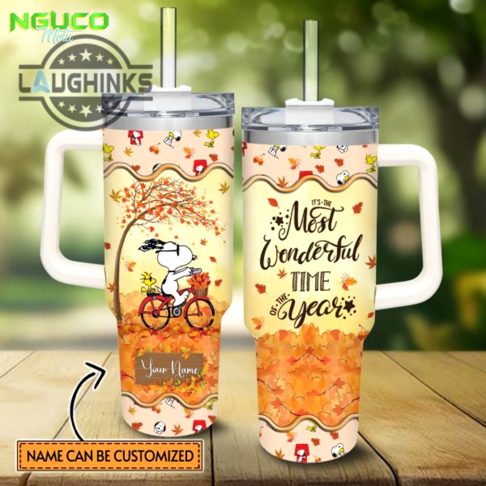 Custom name snoopy most wonderful time fall leaf pattern 40oz stainless steel tumbler with handle and straw lid personalized stanley tumbler dupe 40 oz stainless steel travel cups