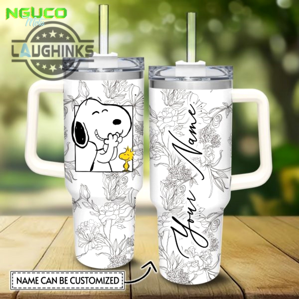 Custom name snoopy sketch flower pattern white 40oz stainless steel tumbler with handle and straw lid personalized stanley tumbler dupe 40 oz stainless steel travel cups gift