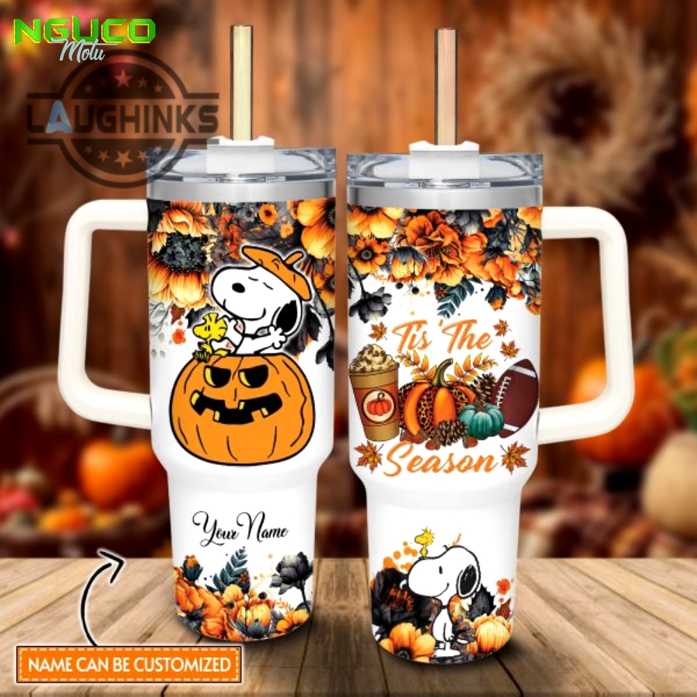 Custom name snoopy tis the season fall leaf pattern 40oz stainless steel tumbler with handle and straw lid personalized stanley tumbler dupe 40 oz stainless steel travel cups gift