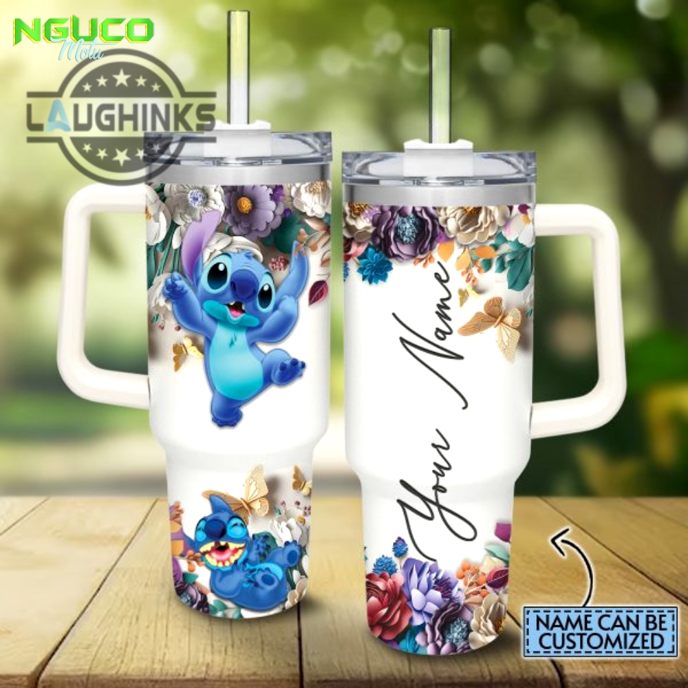 Custom name stitch 3d colorful flower sublimation pattern 40oz tumbler with handle and straw lid personalized stanley tumbler dupe 40 oz stainless steel travel cups