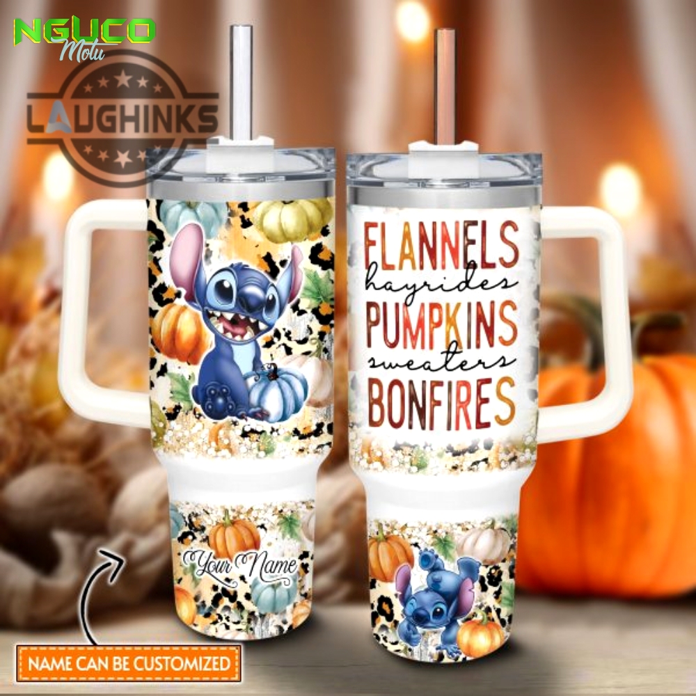 Custom name stitch flannels pumpkins bonfires pattern 40oz stainless steel tumbler with handle and straw lid personalized stanley tumbler dupe 40 oz stainless steel travel cups new