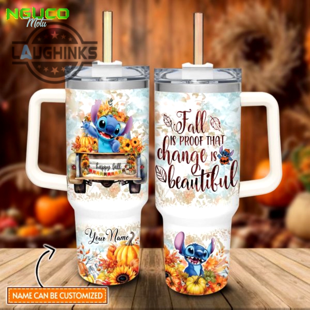 Custom name stitch happy fall pumpkin flower pattern 40oz tumbler with handle and straw lid personalized stanley tumbler dupe 40 oz stainless steel travel cups