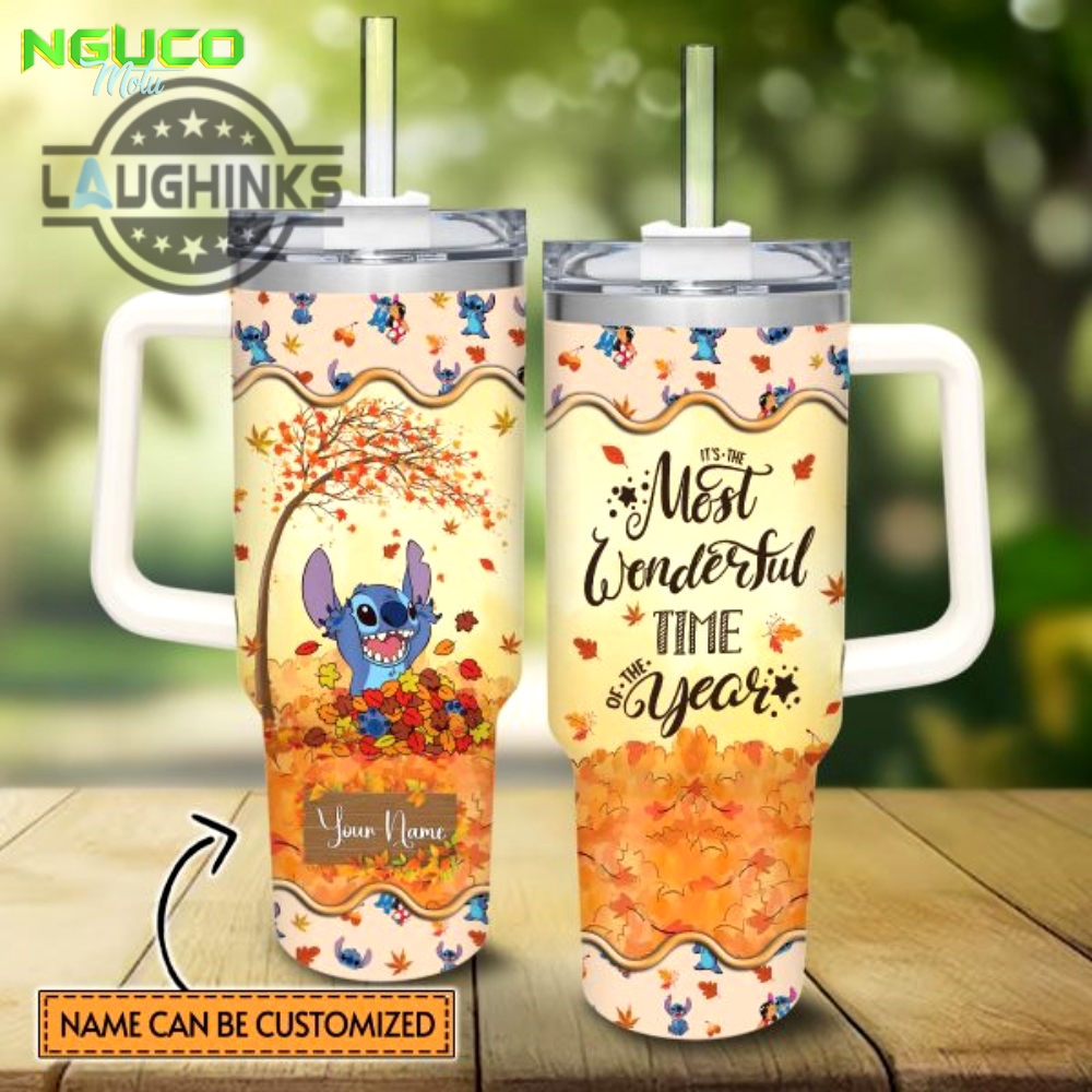 Custom name stitch most wonderful time fall leaf pattern 40oz stainless steel tumbler with handle and straw lid personalized stanley tumbler dupe 40 oz stainless steel travel cups