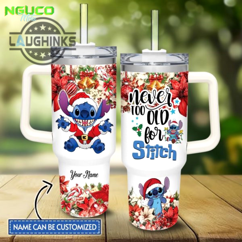 Custom name stitch poinsettia red flower christmas pattern 40oz stainless steel tumbler with handle and straw lid personalized stanley tumbler dupe 40 oz stainless steel travel cups gift