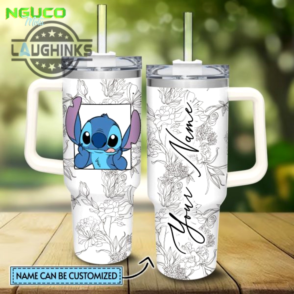 Custom name stitch sketch flower pattern white 40oz stainless steel tumbler with handle and straw lid personalized stanley tumbler dupe 40 oz stainless steel travel cups gift