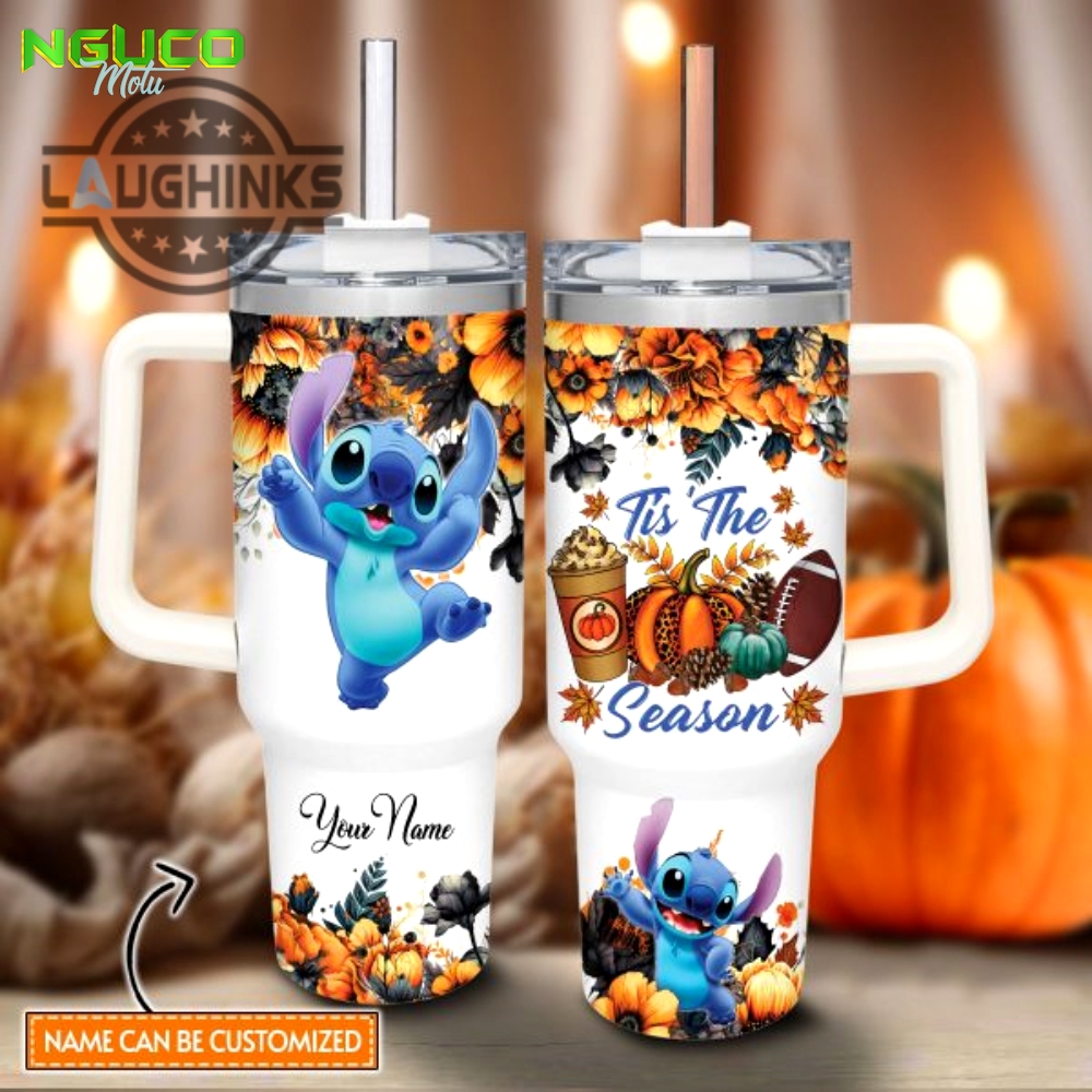 Custom name stitch tis the season fall leaf pattern 40oz stainless steel tumbler with handle and straw lid personalized stanley tumbler dupe 40 oz stainless steel travel cups gift