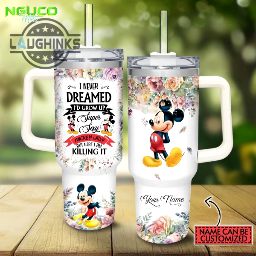 Custom name super sexy mickey mouse lady vintage flower pattern 40oz stainless steel tumbler with handle and straw lid personalized stanley tumbler dupe 40 oz stainless steel travel cups