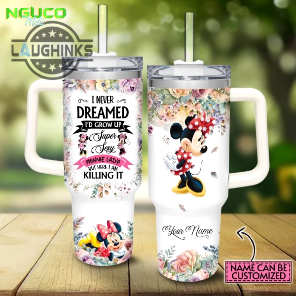 Custom name super sexy minnie mouse lady vintage flower pattern 40oz stainless steel tumbler with handle and straw lid personalized stanley tumbler dupe 40 oz stainless steel travel cups