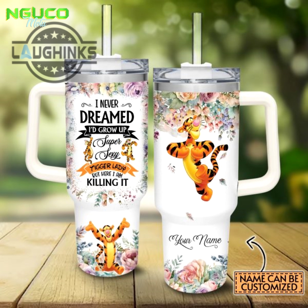 Custom name super sexy tigger lady vintage flower pattern 40oz stainless steel tumbler with handle and straw lid personalized stanley tumbler dupe 40 oz stainless steel travel cups