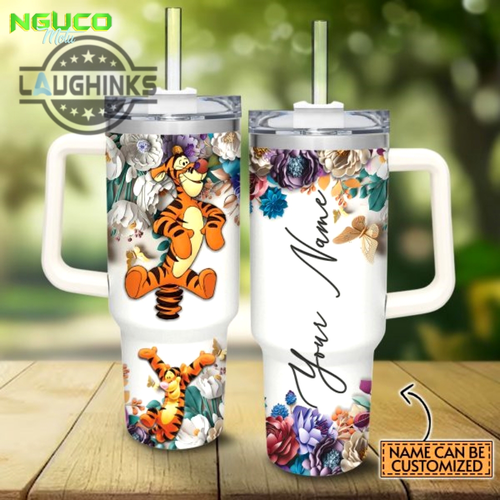 Custom name tigger 3d colorful flower sublimation pattern 40oz tumbler with handle and straw lid personalized stanley tumbler dupe 40 oz stainless steel travel cups