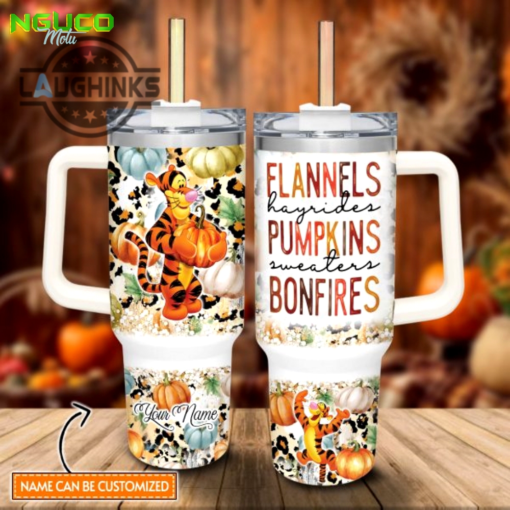 Custom name tigger flannels pumpkins bonfires pattern 40oz stainless steel tumbler with handle and straw lid personalized stanley tumbler dupe 40 oz stainless steel travel cups new
