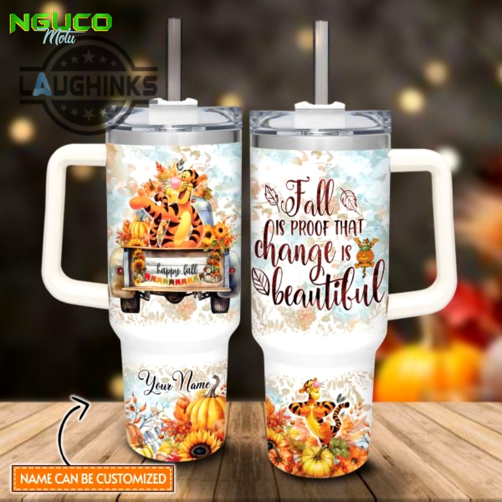 Custom name tigger happy fall pumpkin flower pattern 40oz tumbler with handle and straw lid personalized stanley tumbler dupe 40 oz stainless steel travel cups