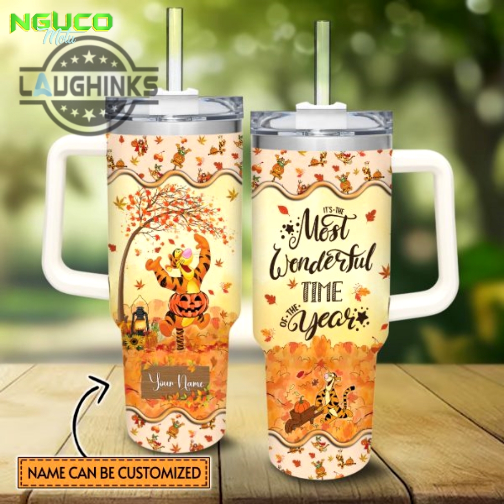 Custom name tigger most wonderful time fall leaf pattern 40oz stainless steel tumbler with handle and straw lid personalized stanley tumbler dupe 40 oz stainless steel travel cups