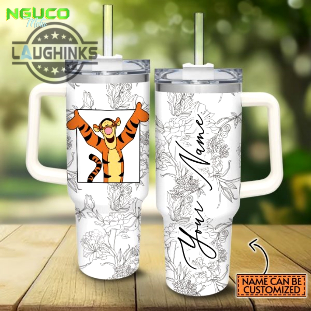 Custom name tigger sketch flower pattern white 40oz stainless steel tumbler with handle and straw lid personalized stanley tumbler dupe 40 oz stainless steel travel cups gift