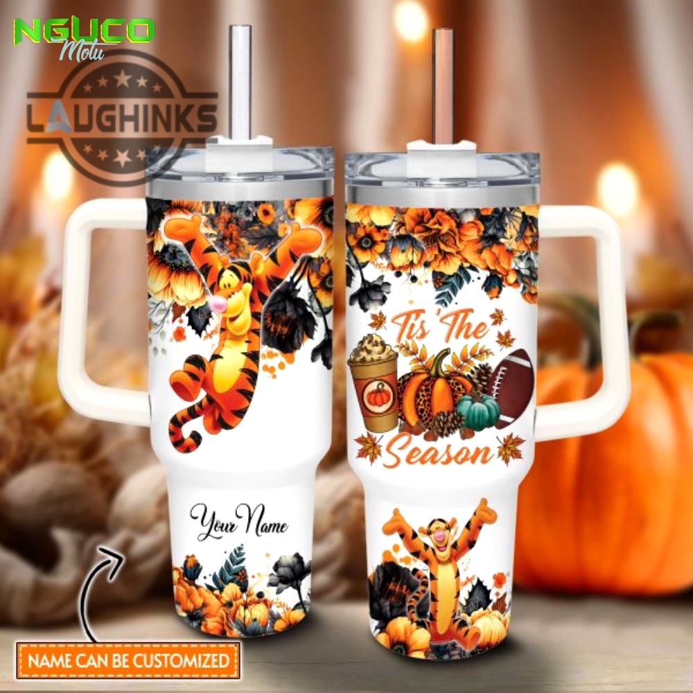 Custom name tigger tis the season fall leaf pattern 40oz stainless steel tumbler with handle and straw lid personalized stanley tumbler dupe 40 oz stainless steel travel cups gift
