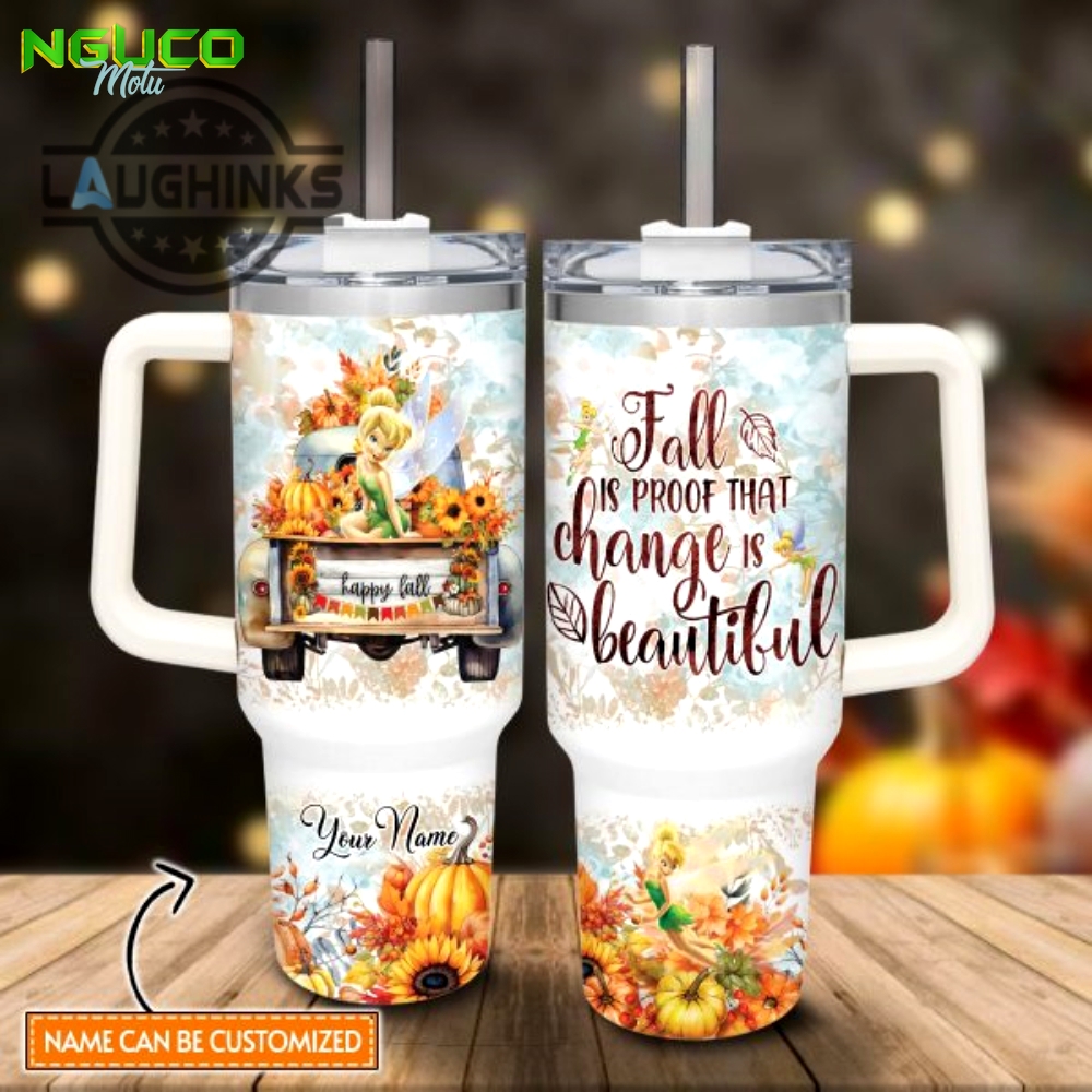 Custom name tinker bell happy fall pumpkin flower pattern 40oz tumbler with handle and straw lid personalized stanley tumbler dupe 40 oz stainless steel travel cups