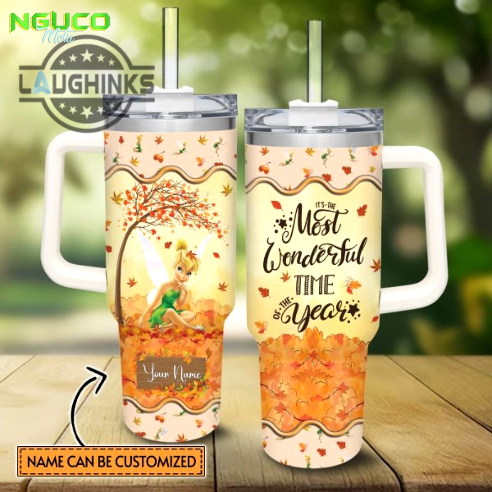 Custom name tinker bell most wonderful time fall leaf pattern 40oz stainless steel tumbler with handle and straw lid personalized stanley tumbler dupe 40 oz stainless steel travel cups
