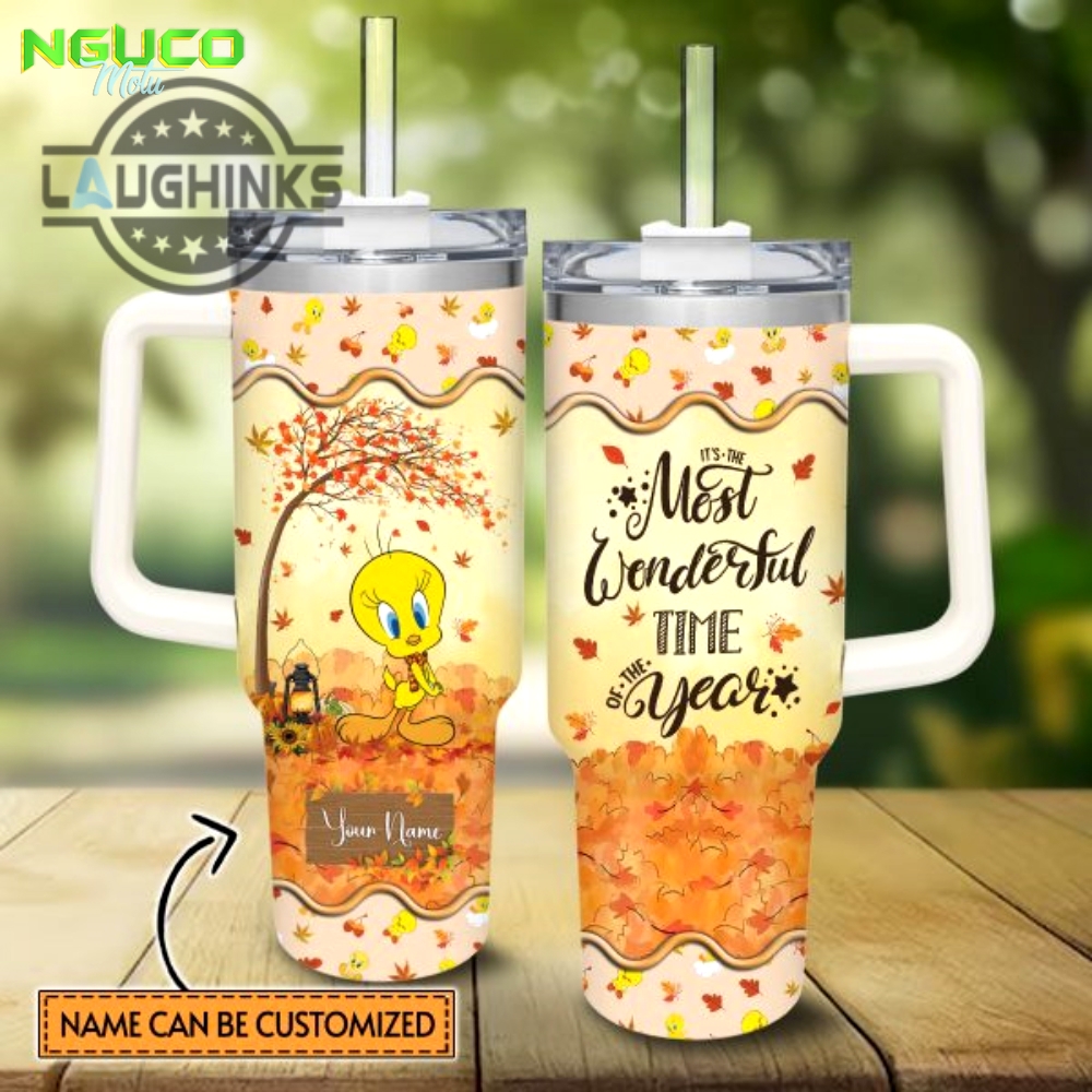 Custom name tweety most wonderful time fall leaf pattern 40oz stainless steel tumbler with handle and straw lid personalized stanley tumbler dupe 40 oz stainless steel travel cups