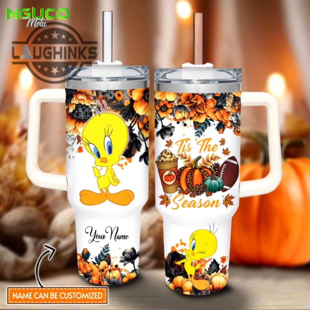 Custom name tweety tis the season fall leaf pattern 40oz stainless steel tumbler with handle and straw lid personalized stanley tumbler dupe 40 oz stainless steel travel cups gift