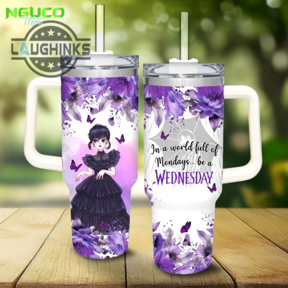 Custom name wednesday flower pattern 40oz stainless steel tumbler with handle and straw lid personalized stanley tumbler dupe 40 oz stainless steel travel cups new