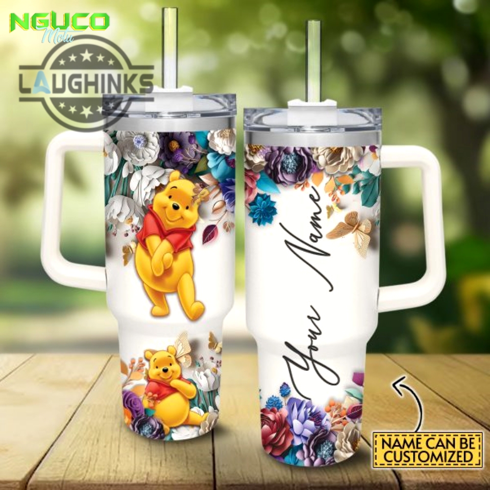Custom name winnie the pooh 3d colorful flower sublimation pattern 40oz tumbler with handle and straw lid personalized stanley tumbler dupe 40 oz stainless steel travel cups