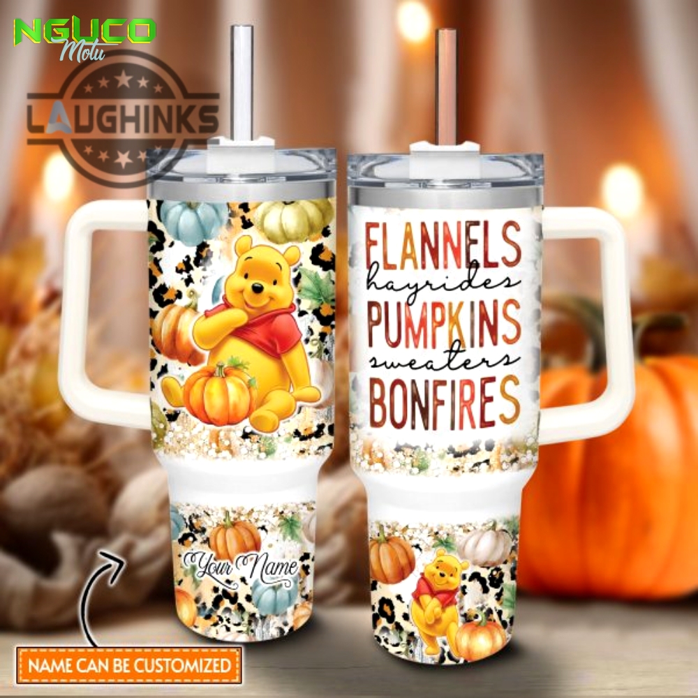 Custom name winnie the pooh flannels pumpkins bonfires pattern 40oz stainless steel tumbler with handle and straw lid personalized stanley tumbler dupe 40 oz stainless steel travel cups gift