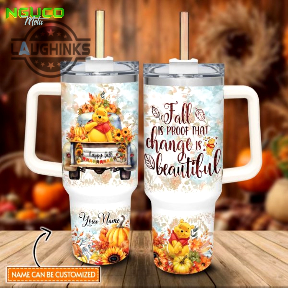 Custom name winnie the pooh happy fall pumpkin flower pattern 40oz tumbler with handle and straw lid personalized stanley tumbler dupe 40 oz stainless steel travel cups