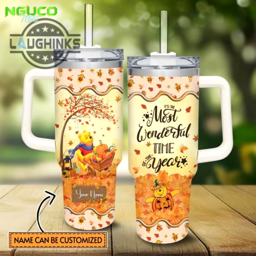 Custom name winnie the pooh most wonderful time fall leaf pattern 40oz stainless steel tumbler with handle and straw lid personalized stanley tumbler dupe 40 oz stainless steel travel cups