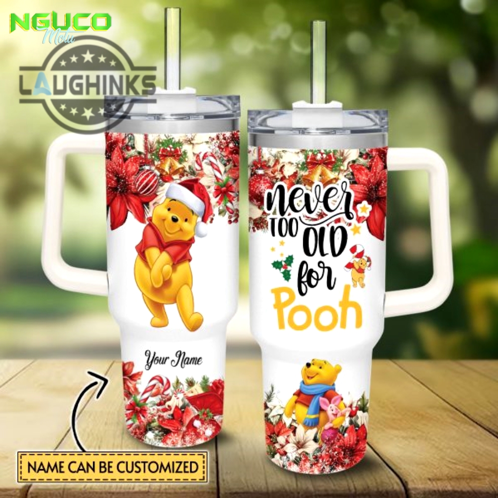 Custom name winnie the pooh poinsettia red flower christmas pattern 40oz stainless steel tumbler with handle and straw lid personalized stanley tumbler dupe 40 oz stainless steel travel cups new