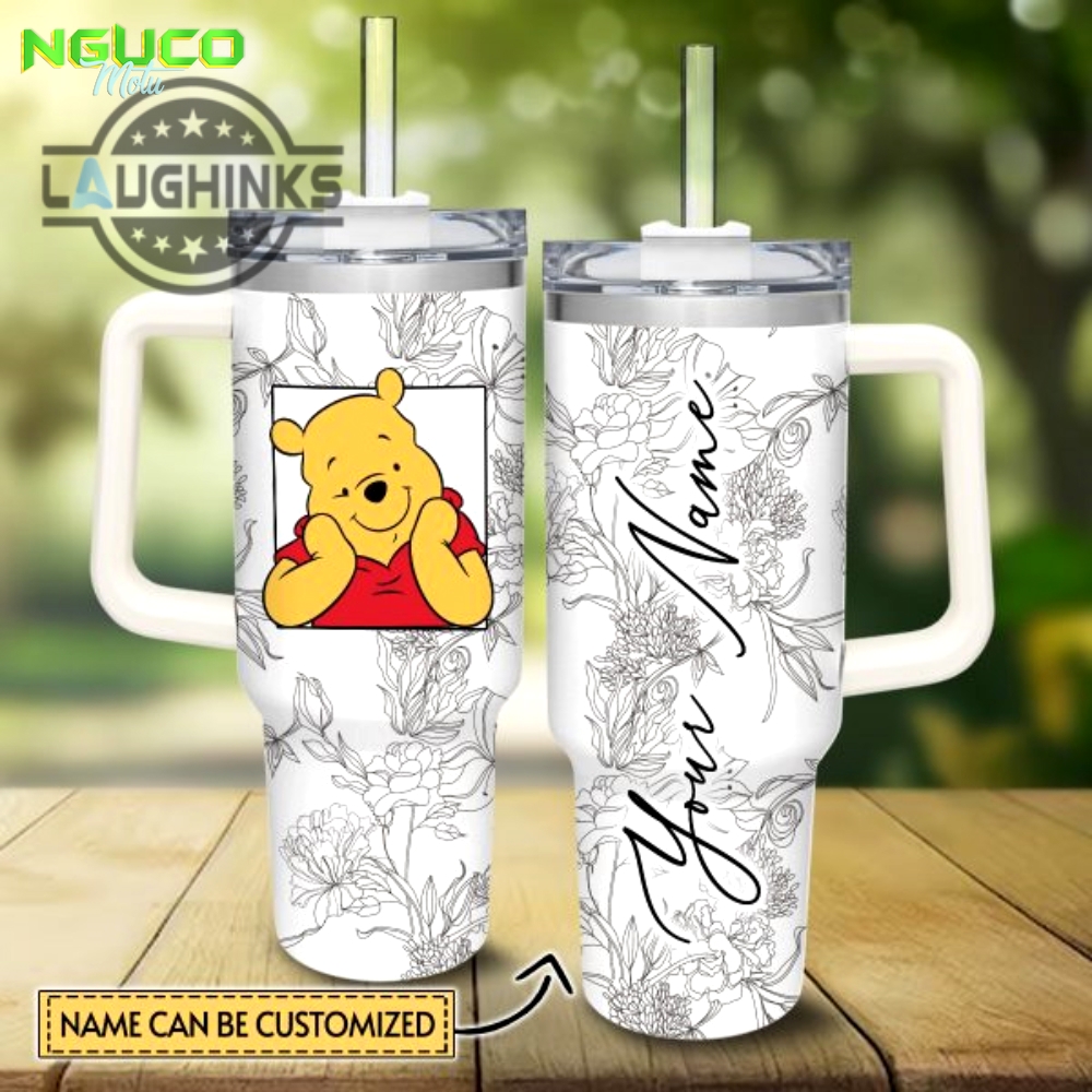 Custom name winnie the pooh sketch flower pattern white 40oz stainless steel tumbler with handle and straw lid personalized stanley tumbler dupe 40 oz stainless steel travel cups new