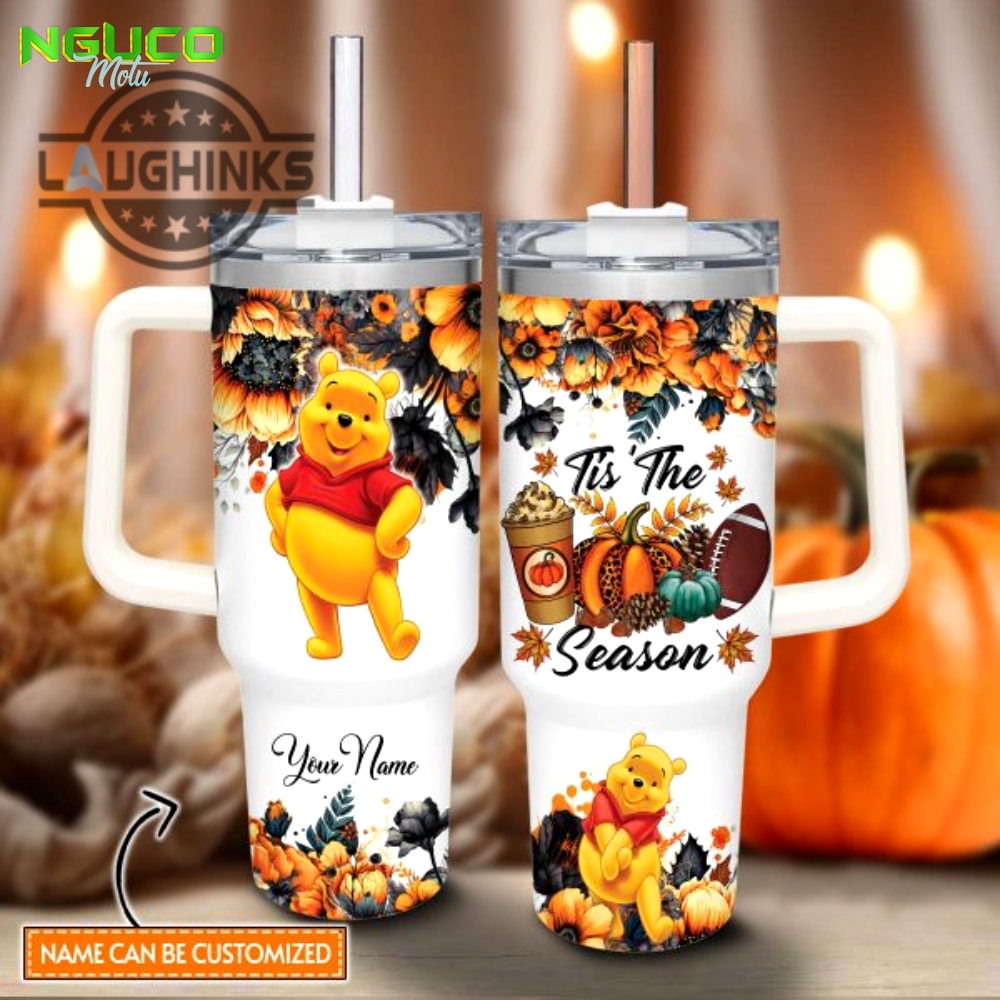 Custom name winnie the pooh tis the season fall leaf pattern 40oz stainless steel tumbler with handle and straw lid personalized stanley tumbler dupe 40 oz stainless steel travel cups new