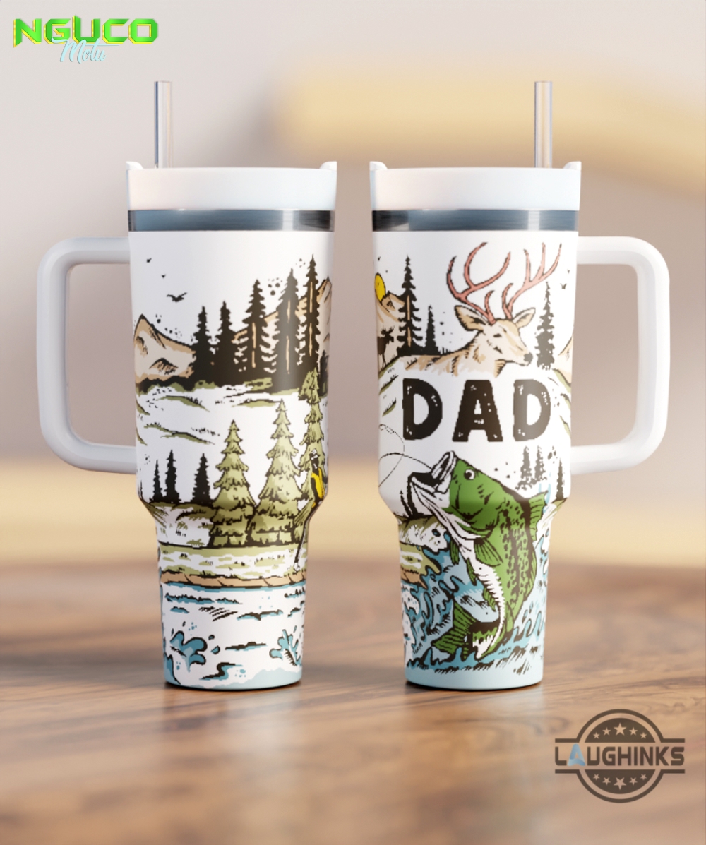 Dad outdoors 40oz crewcup deer and fishing stanley tumbler dupe 40 oz stainless steel travel cups with handle lid and straw new