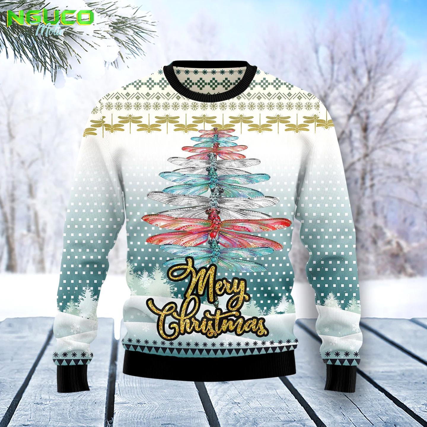 Dragonfly color christmas tree t0911 ugly christmas sweater