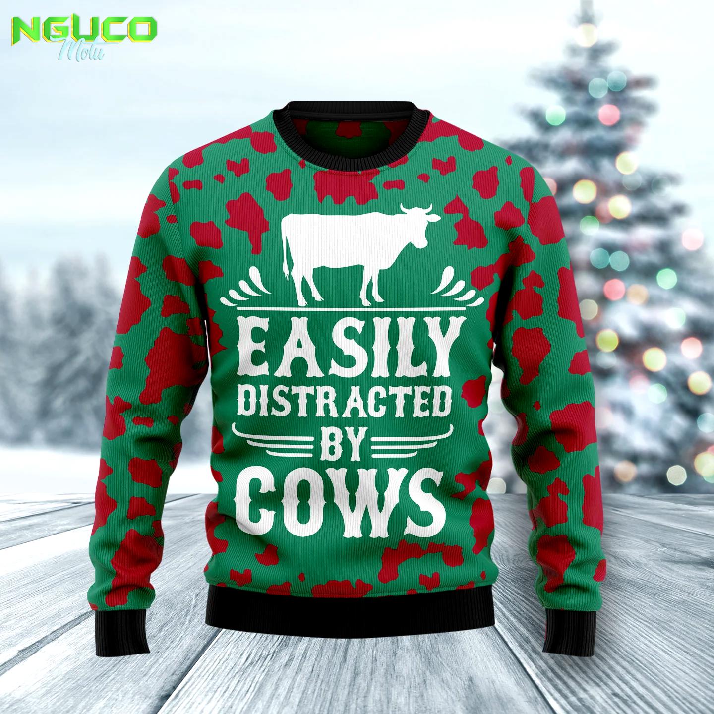 Easily distracted by cows hz102001 ugly christmas sweater