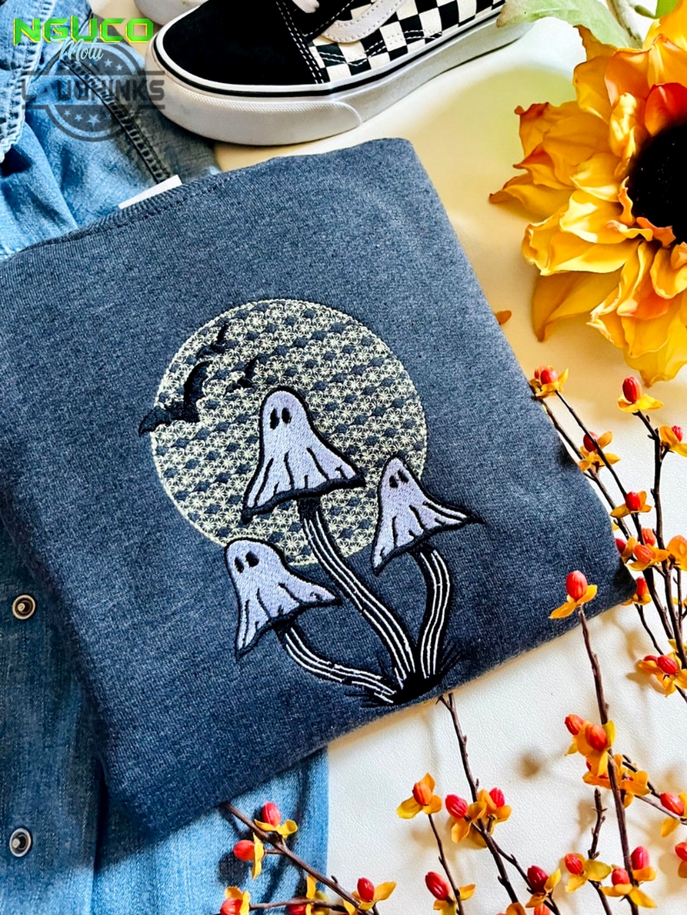 Ghost mushroom embroidered crewneck ghost crewneck halloween sweatshirt mushroom sweatshirt embroidery tshirt sweatshirt hoodie gift