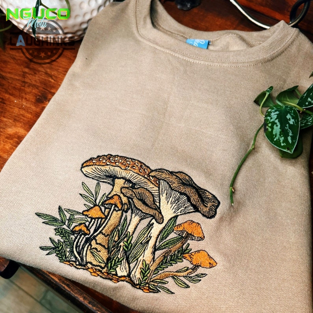 Khaki fungi foliage embroidered crewneck  unisex embroidered fleece pullover  embroidered sweatshirt  mushroom apparel embroidery tshirt sweatshirt hoodie gift
