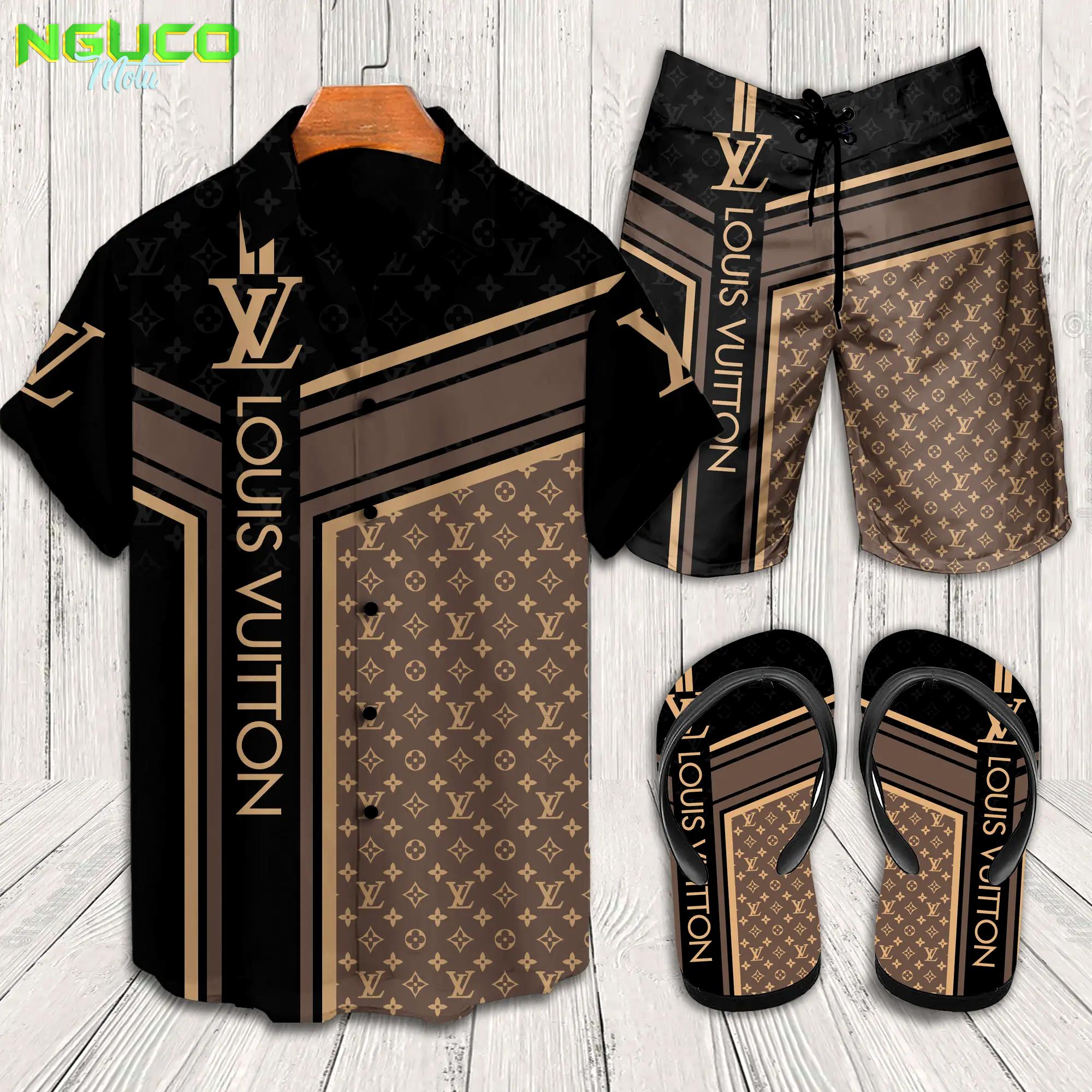 Louis vuitton hawaiian shirt beach shorts and flip flops combo