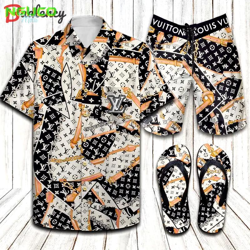 Louis vuitton vintage fashion 2022 hawaiian shirt beach shorts and flip flops combo