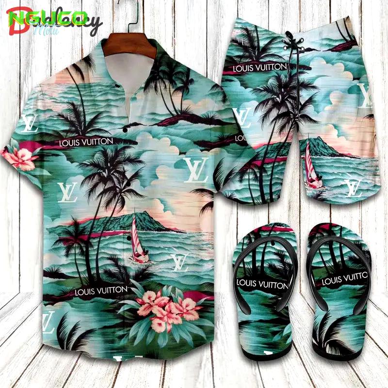 Louis vuitton watercolor painting hawaiian shirt beach shorts and flip flops combo