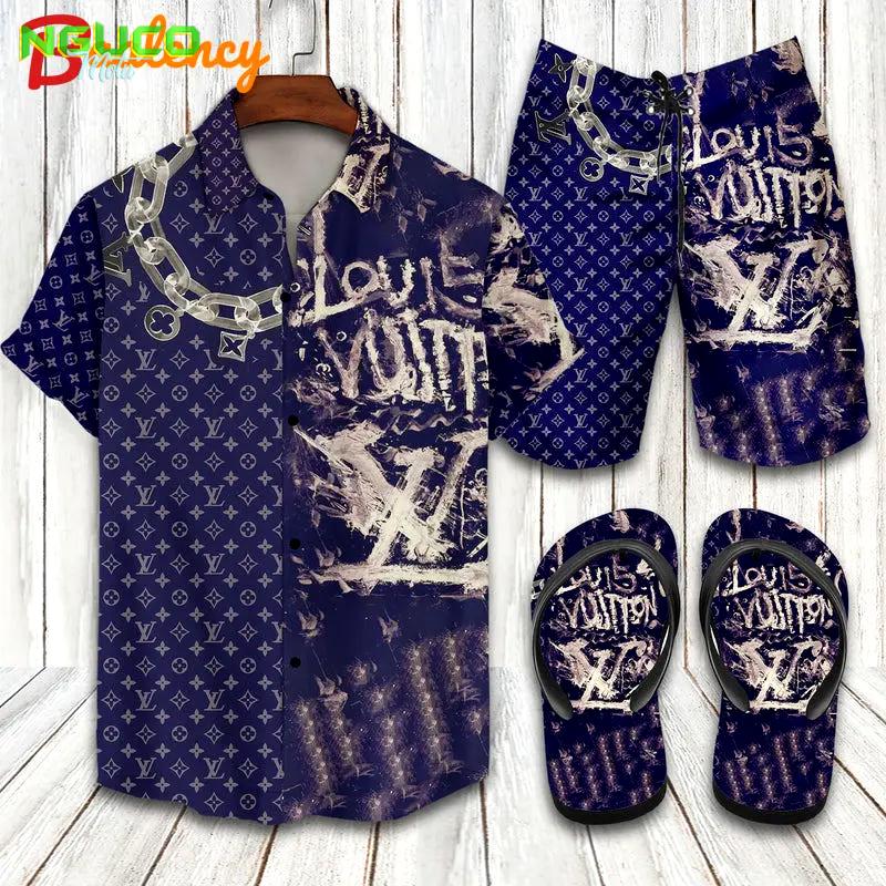 Lv graffiti louis vuitton hawaiian shirt beach shorts and flip flops combo