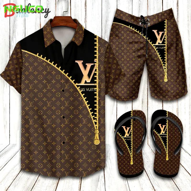 Lv paris brand hawaiian shirt beach shorts and flip flops combo