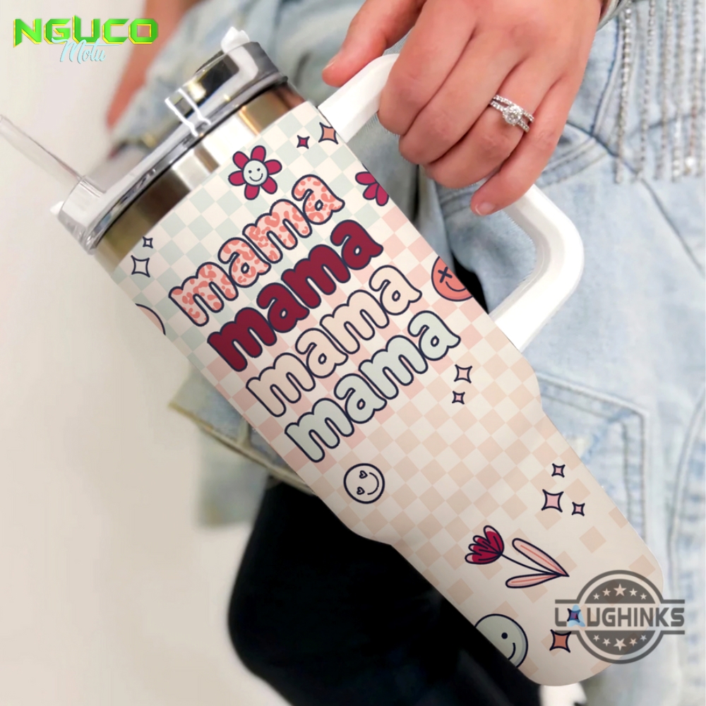 Mama 40oz crewcup checkers and flowers stanley tumbler dupe 40 oz stainless steel travel cups with handle lid and straw gift
