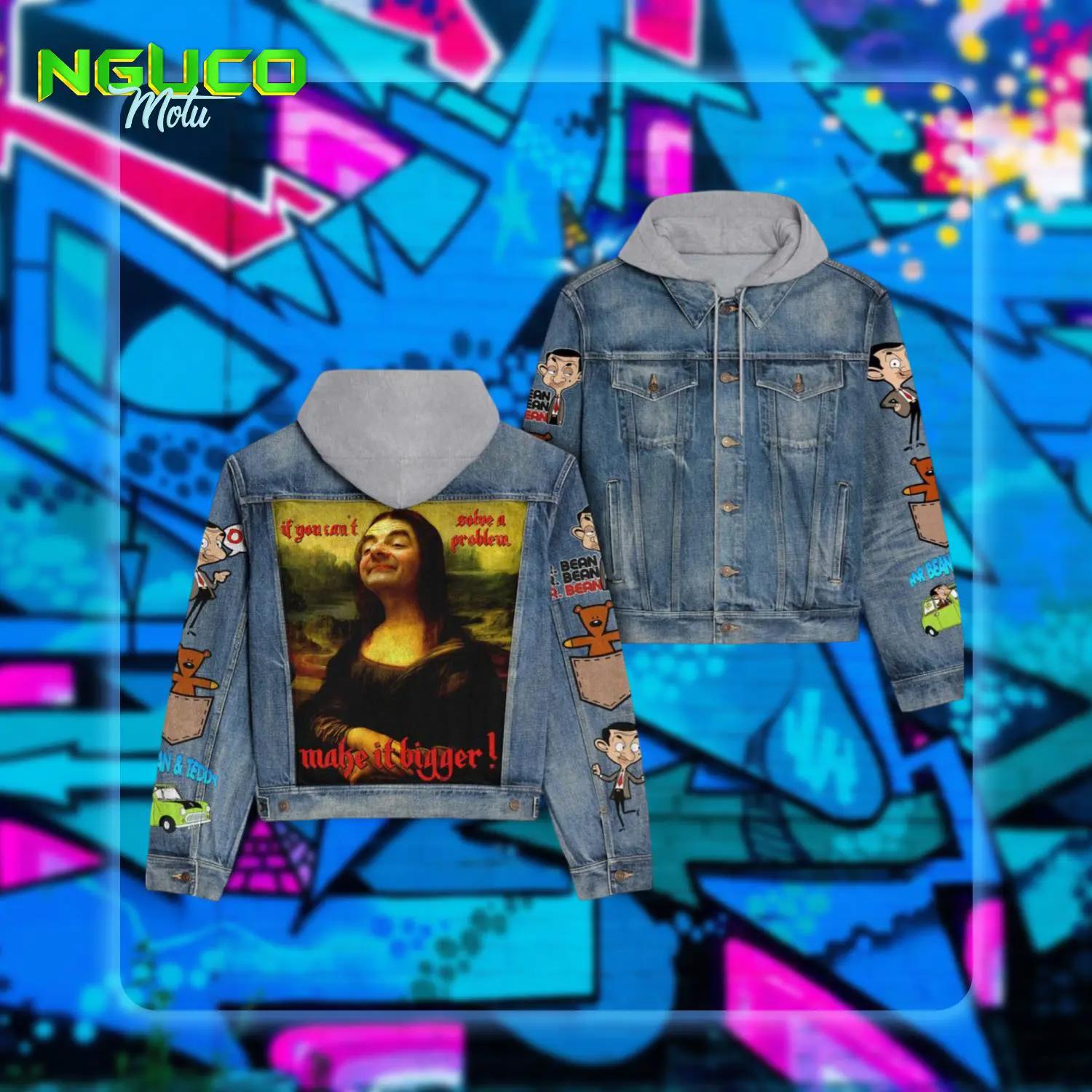 Mr bean meme character design hooded denim jacket