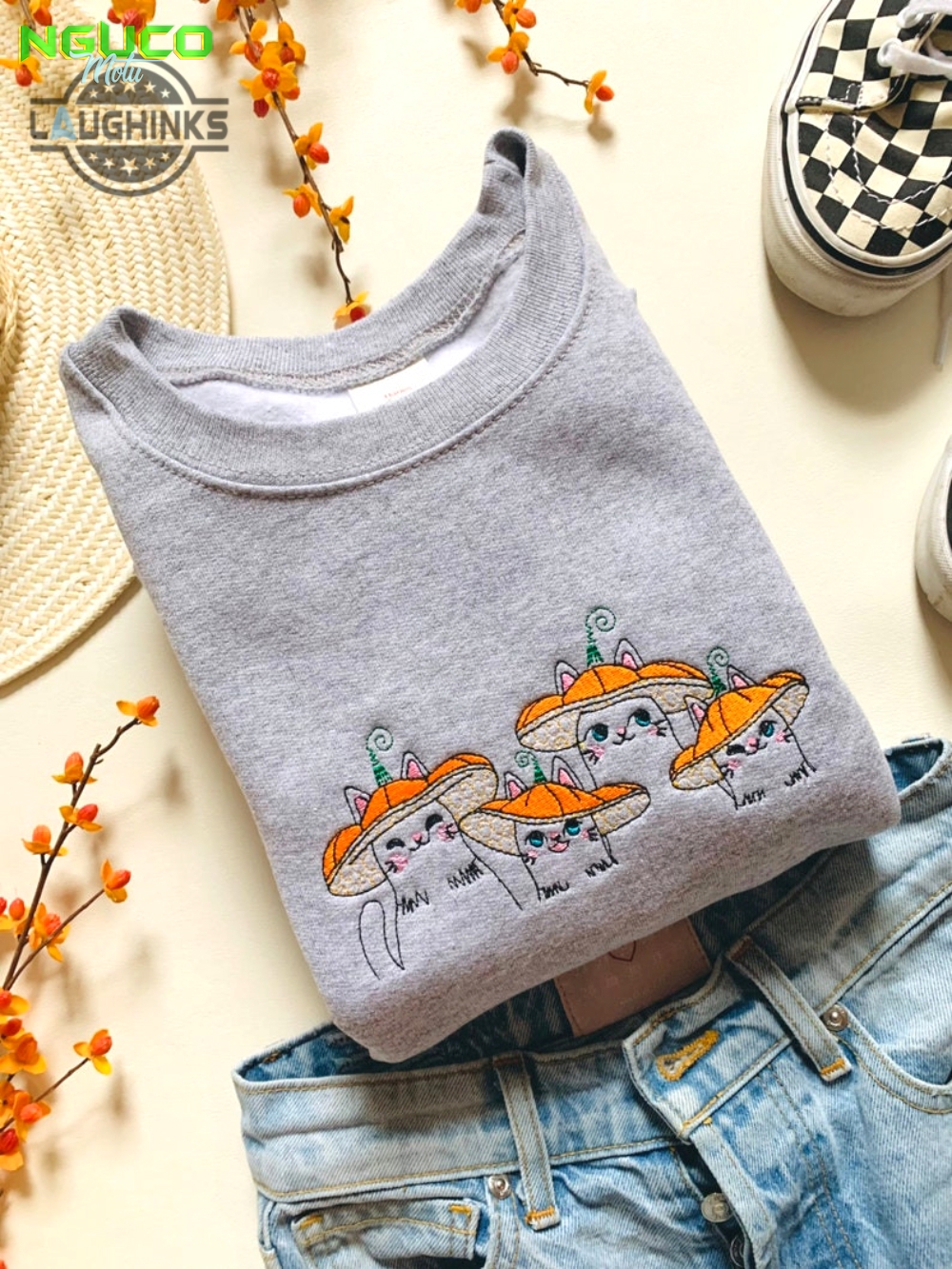 Pumpkin cats embroidered crewneck embroidery tshirt sweatshirt hoodie gift