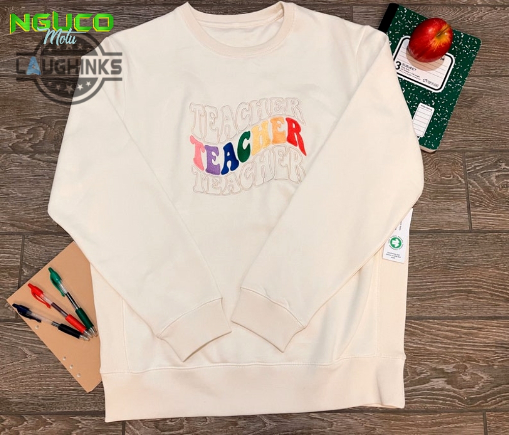 Teachers save the world trendy custom embroidered crewneck sweatshirt rainbow retro crewneck sweatshirt embroidery tshirt sweatshirt hoodie gift