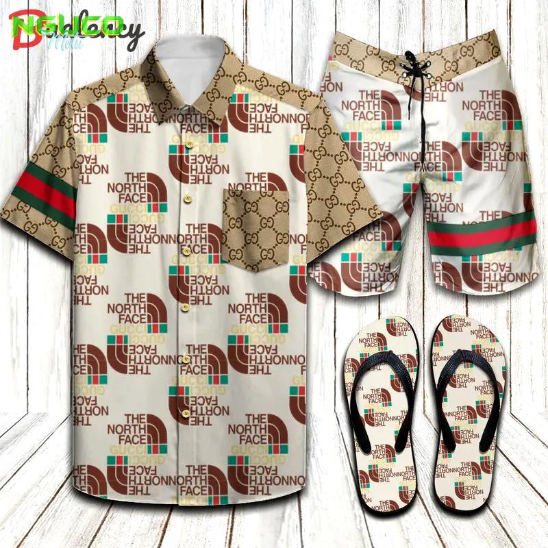 The north face gucci limited hawaiian shirt shorts and flip flops combo