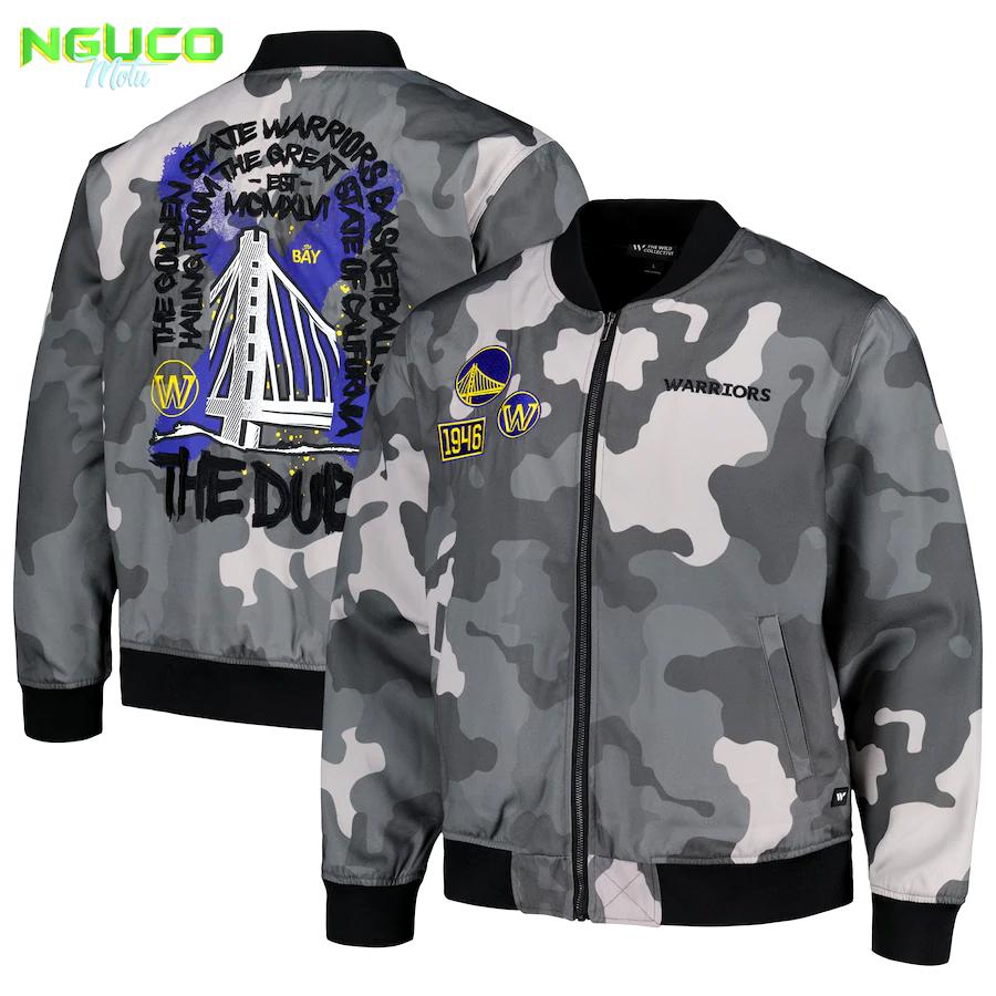 The wild collective golden state warriors unisex gray 2023/24 city edition camo bomber full-zip jacket