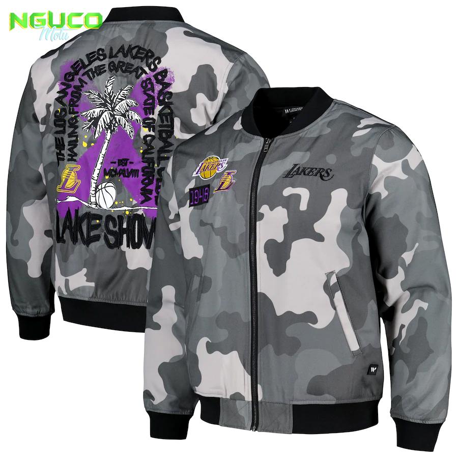 The wild collective los angeles lakers unisex gray 2023/24 city edition camo bomber full-zip jacket